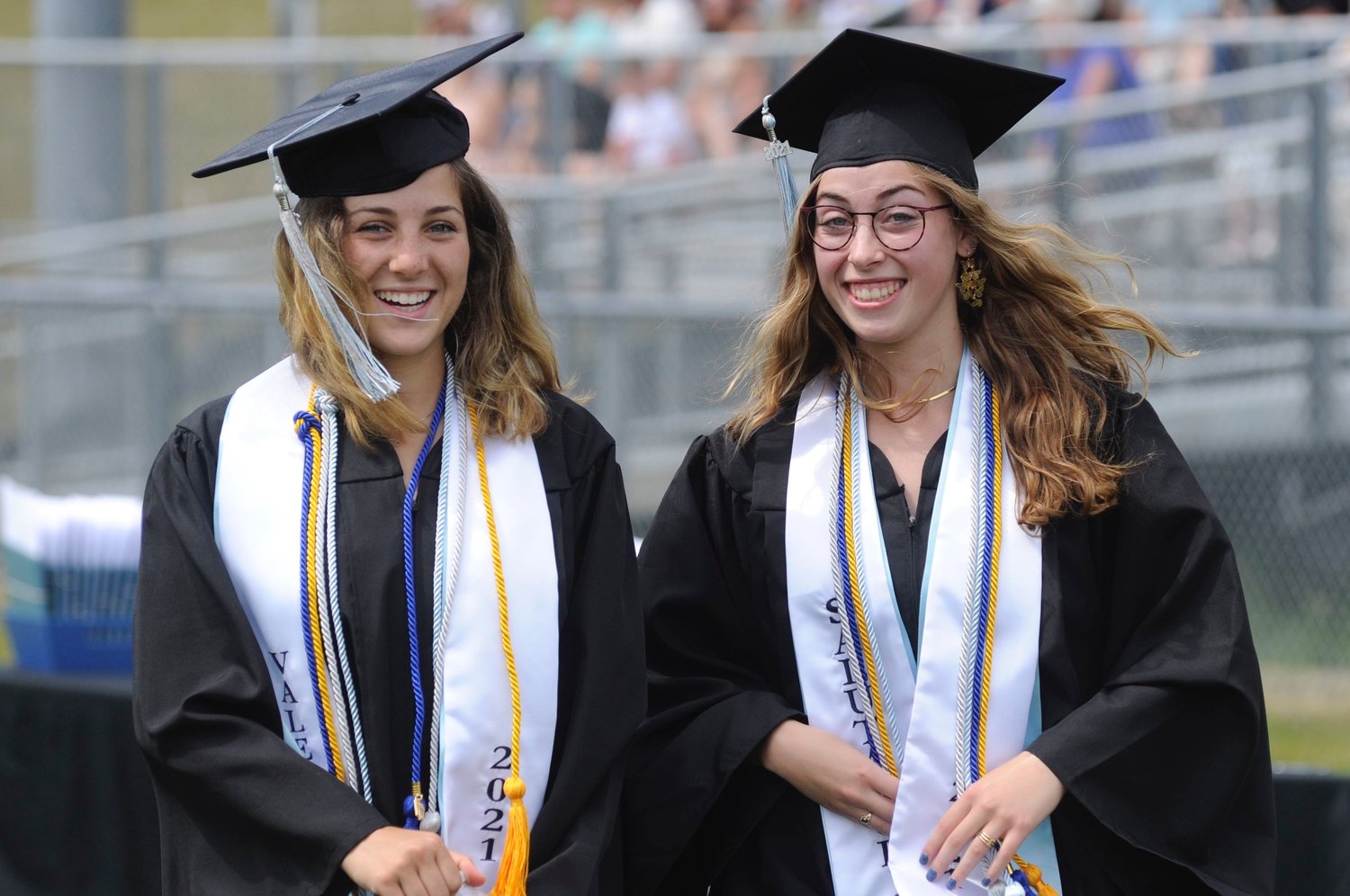 Wordsmiths. Jessica Schwalb, left, Class of 2021 valedictorian and Abigail Gaebel took center stage at the commencement ceremonies. Both graduated Summa Cum Laude, were members of the National Honor Society and Student Council, and were awarded Advanced Regents Diplomas with Honors.